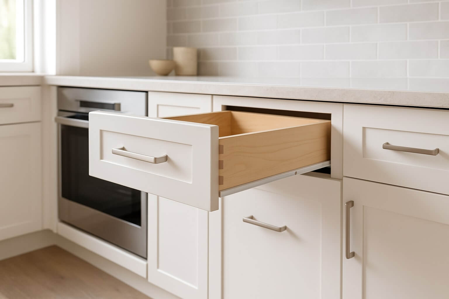 Close-up of a white shaker-style kitchen drawer with dovetail joinery, brushed nickel handle, and quartz countertop in a modern renovated kitchen.