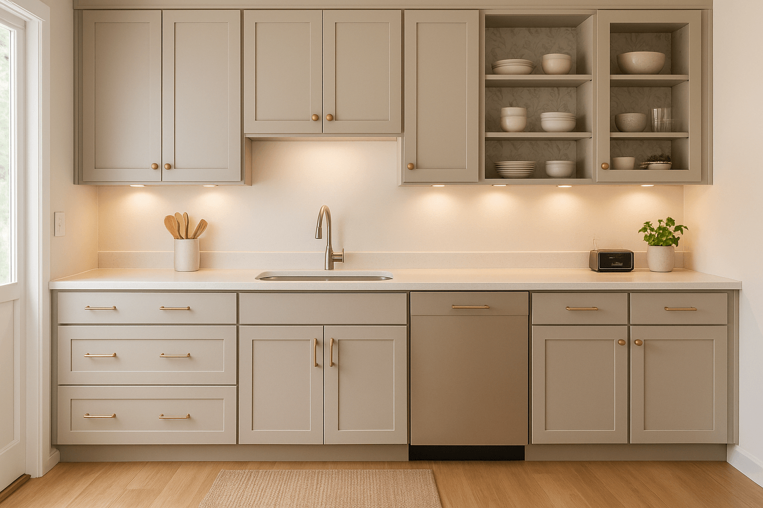 A photo-realistic image of a bright, budget-friendly kitchen renovation featuring soft greige painted Shaker cabinets with brushed brass hardware, open shelving with wallpapered backs, under-cabinet LED puck lights, faux-marble countertops, and light oak vinyl plank flooring. Sunlight pours in from the left, highlighting casual, cost-effective design updates like a utensil holder, wood cutting board, and woven rug.