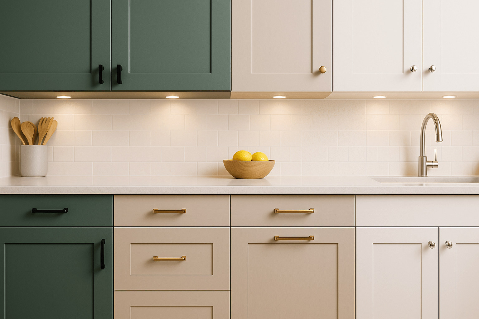 Horizontal photo of a kitchen with forest green shaker cabinets and matte black hardware, greige flat-panel cabinets with brushed brass hardware, and white recessed-panel cabinets with polished chrome hardware, all lit by under-cabinet lighting.