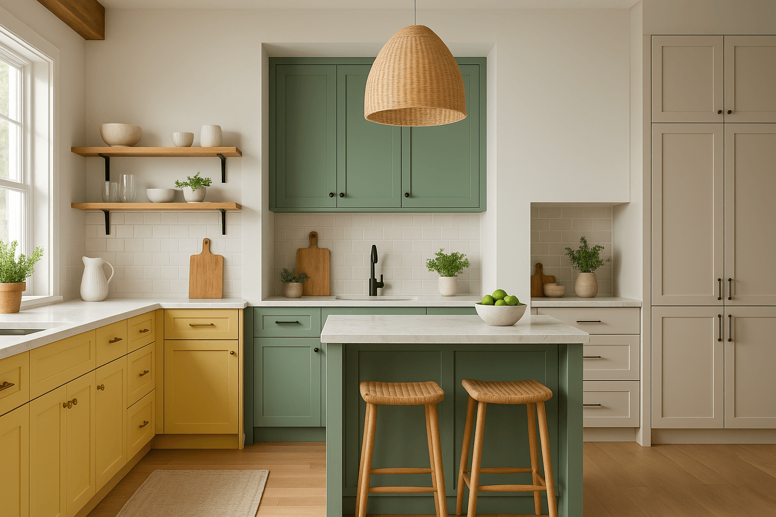 A wide, photorealistic image of an open-concept kitchen showcasing three distinct cabinet color zones: buttery yellow base cabinets with matte brass hardware on the left, a sage green island with black hardware in the center, and soft greige cabinets with brushed nickel pulls on the right. The space features white quartz and marble countertops, light oak flooring, natural daylight, and warm organic textures like wood bowls and fresh herbs, illustrating how color influences mood in a cohesive kitchen design.