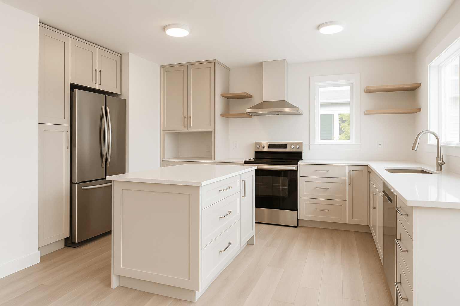 Wide-angle view of a bright, modern kitchen with a balanced cabinetry layout including base drawers, tall pantry storage, and open shelving. Features include built-in appliances, full-extension drawers, and natural daylight highlighting clean, functional design.