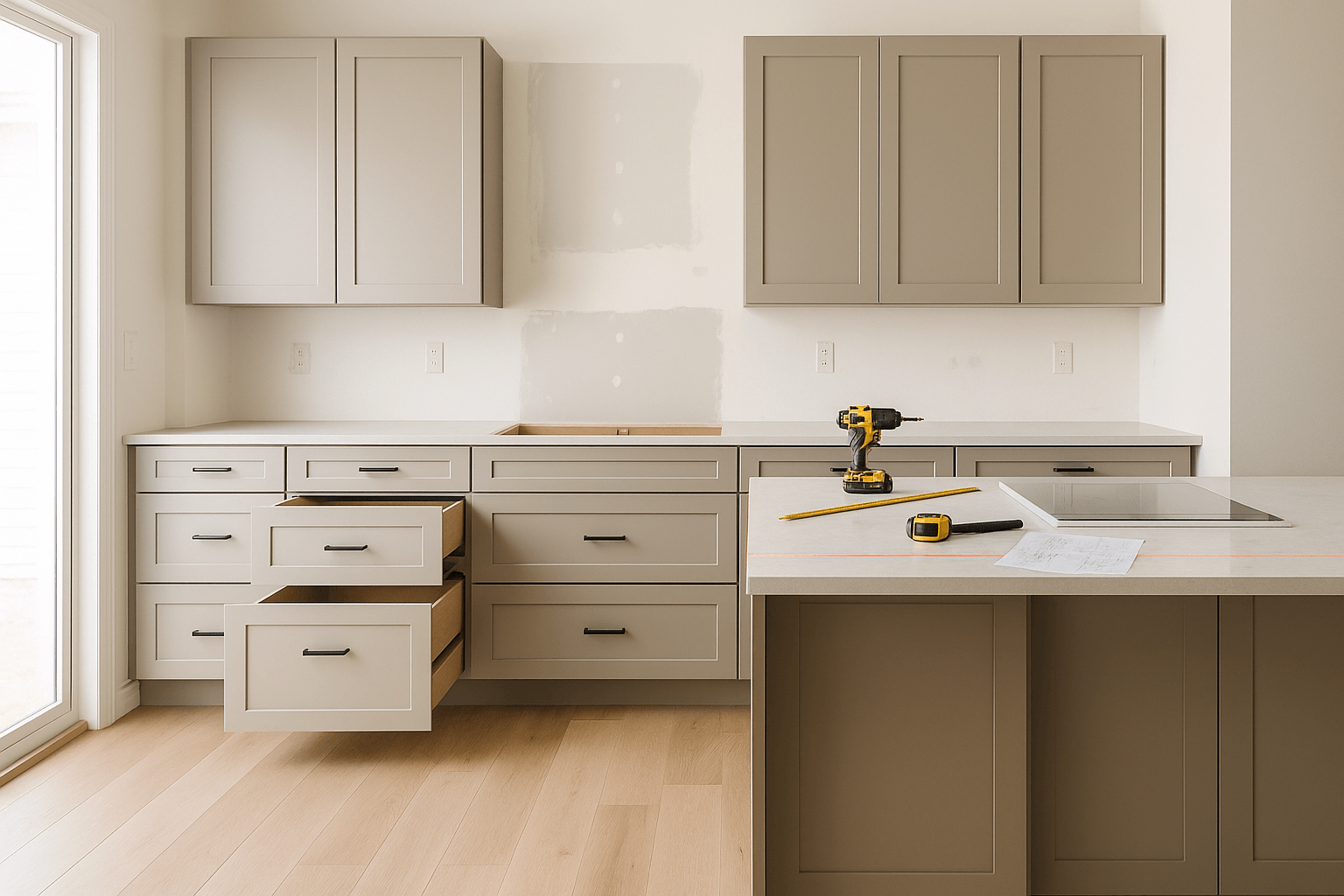 A high-resolution photo of a partially installed modern kitchen featuring warm taupe painted maple cabinets with a satin finish. The image shows clean cabinet reveals, pulled-out drawers, shims for leveling, and a laser level projecting a red line across the base cabinets, emphasizing precise alignment. Tools and install plans rest on a temporary countertop, with natural daylight casting soft shadows across the workspace. No people are present, highlighting a clean, professional installation in progress.