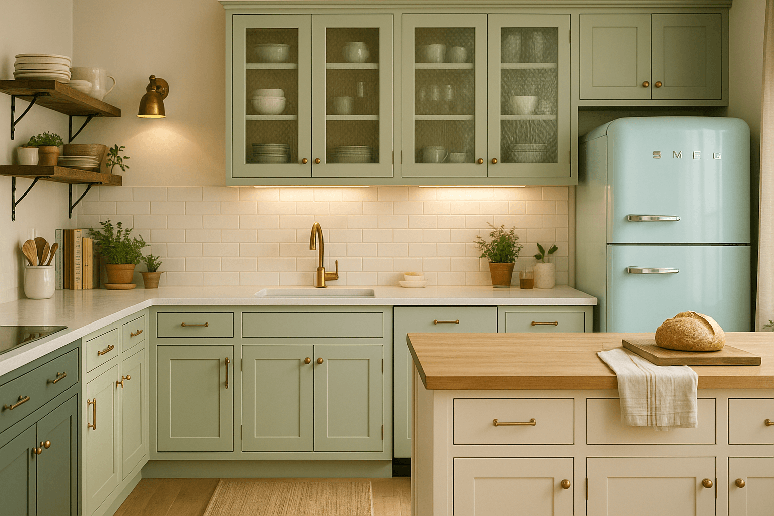 A vintage-inspired kitchen featuring mint green shaker cabinets with fluted glass uppers, a creamy off-white island with a butcher block countertop, open wood shelving with iron brackets, a pastel blue SMEG fridge, and antique brass fixtures under warm natural daylight.
