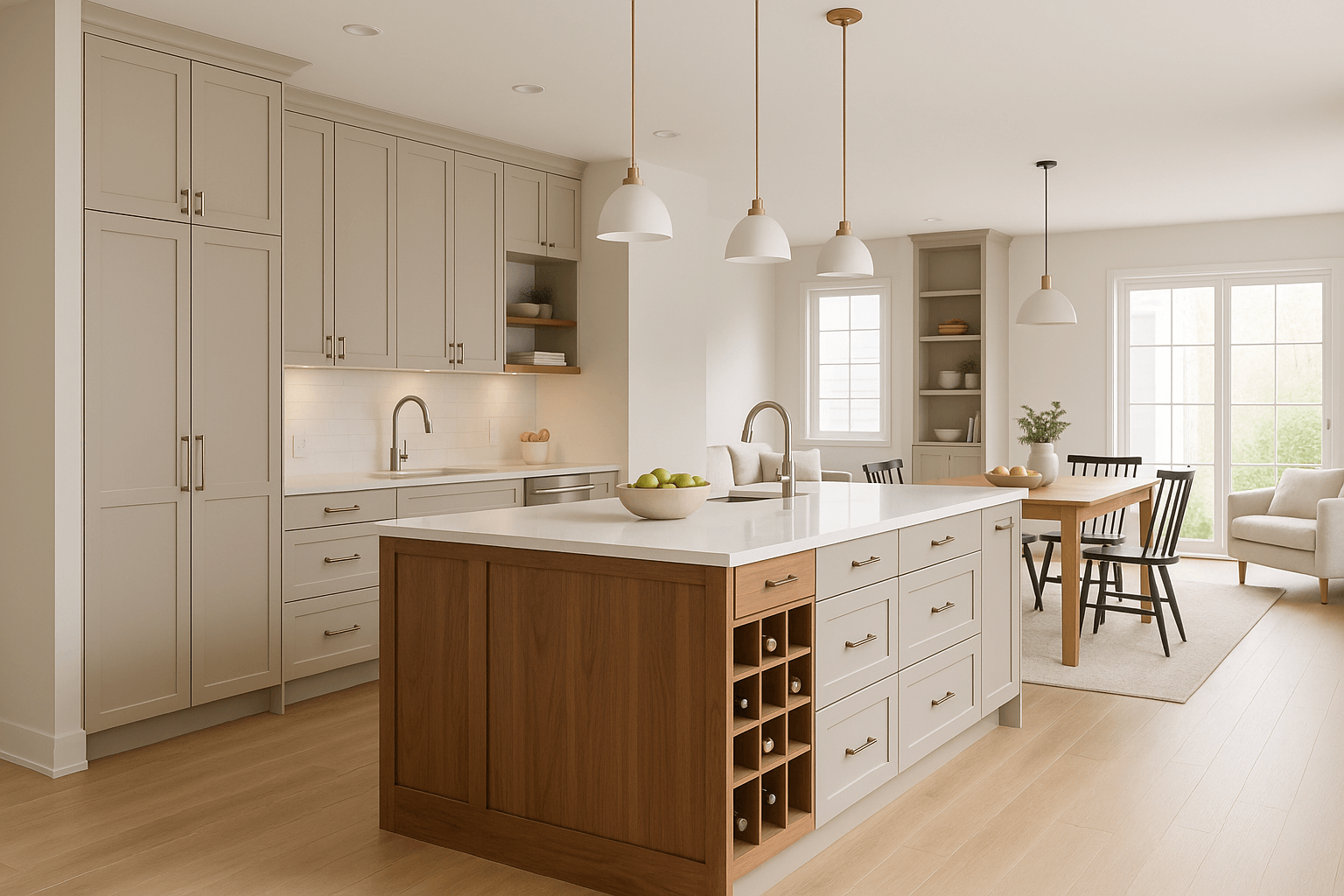 Open-concept kitchen with light taupe shaker cabinets and a walnut island featuring brushed nickel hardware, white quartz countertops, and natural wood flooring, blending into a dining area with black spindle chairs and a cozy living space in the background.