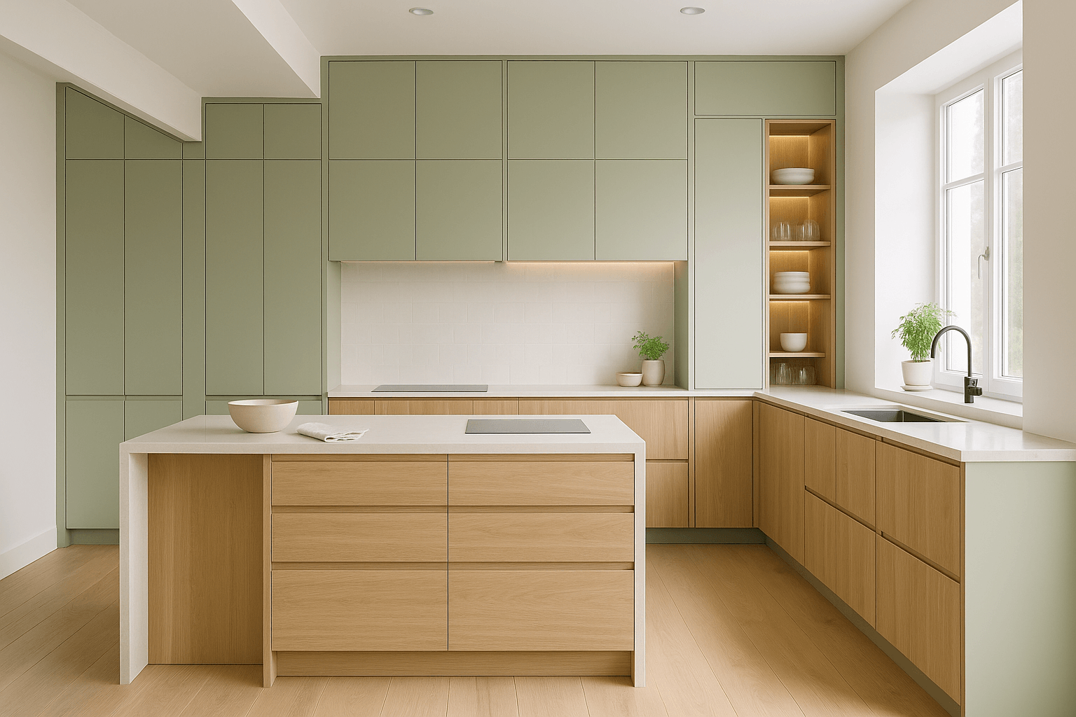 Scandinavian-style kitchen featuring sage green flat-panel cabinets, a white oak island with a waterfall-edge quartz countertop, and built-in open shelving under soft natural daylight.