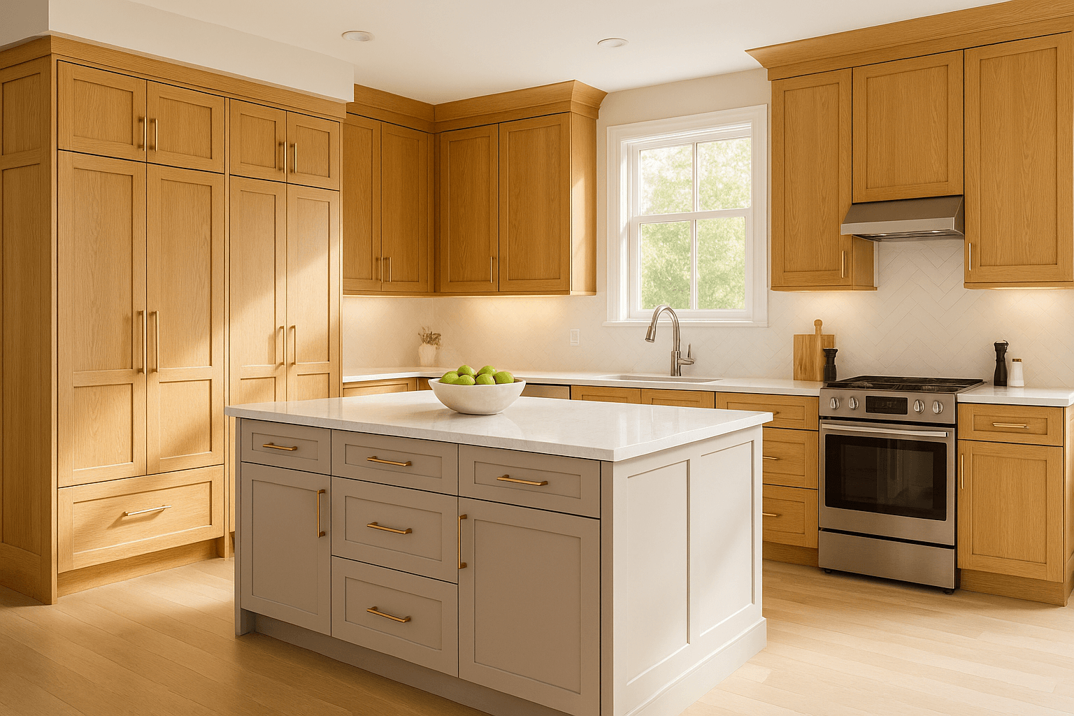 A high-end transitional kitchen featuring warm honey oak shaker cabinets, a taupe center island with white quartz countertop, brushed brass hardware, and natural daylight from a large window illuminating the spacious, timeless design.