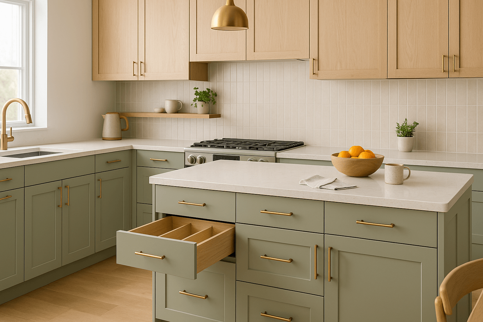 A modern, transitional-style kitchen with two-tone cabinetry featuring sage green satin-finish base cabinets and natural white oak upper cabinets. The island includes a white quartz countertop with subtle gold veining and a half-open drawer revealing custom dividers. Soft natural light and brass accents create a warm, lived-in atmosphere.