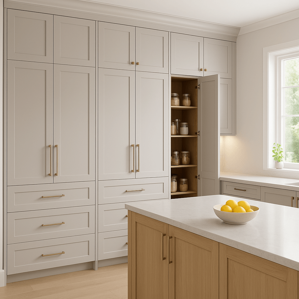 Photorealistic modern kitchen with floor-to-ceiling light gray shaker cabinets and brass hardware, discreet crown molding, natural oak island with quartz countertop, under-cabinet lighting on a white herringbone backsplash, and a partially open tall cabinet revealing pull-out pantry shelves stocked with jars.
