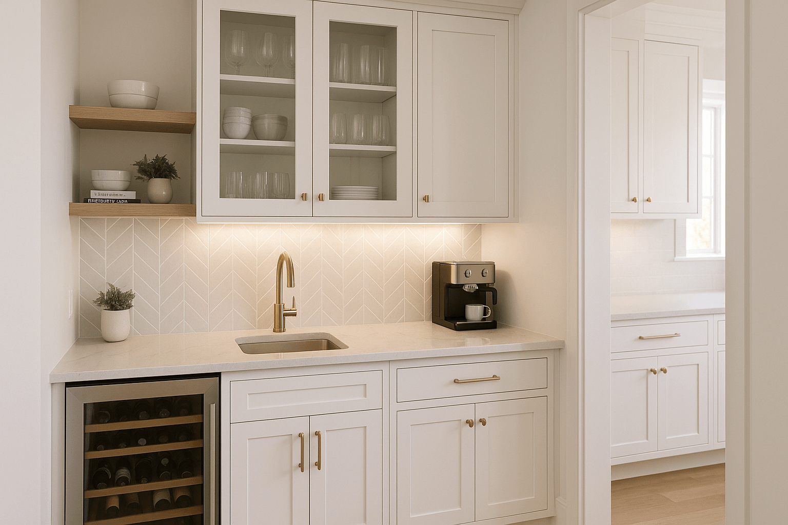 Photorealistic butler’s pantry with white shaker cabinets, brushed brass hardware, quartz countertop, glass-front uppers displaying glassware, built-in wine fridge, open shelving with decor, prep sink with brass faucet, geometric backsplash, and built-in coffee station, connected to adjacent kitchen.