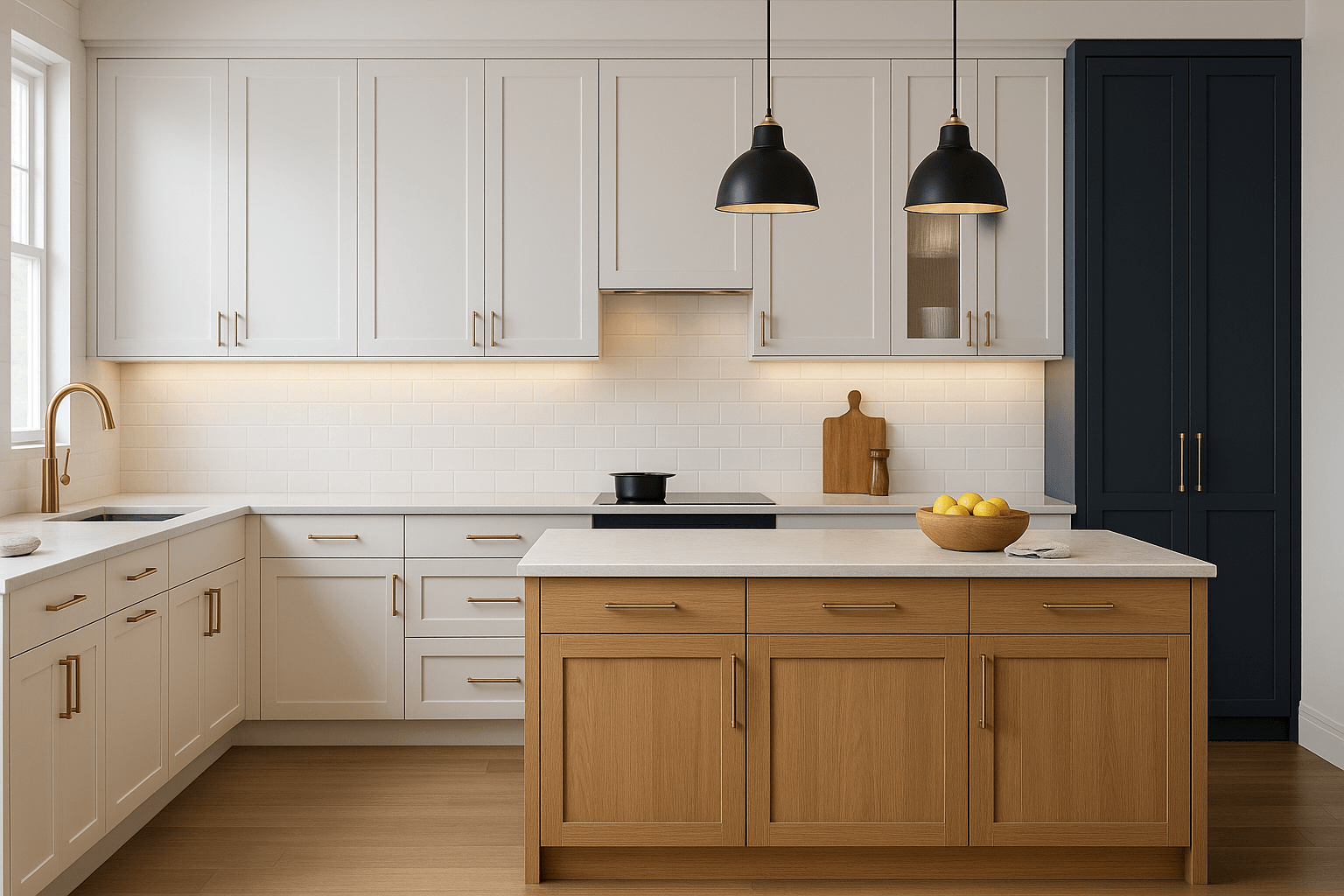 Photorealistic transitional kitchen featuring satin white shaker perimeter cabinets, a rift-sawn oak island, and matte navy tall cabinetry, all accented with brushed brass hardware, layered lighting, and natural textures.