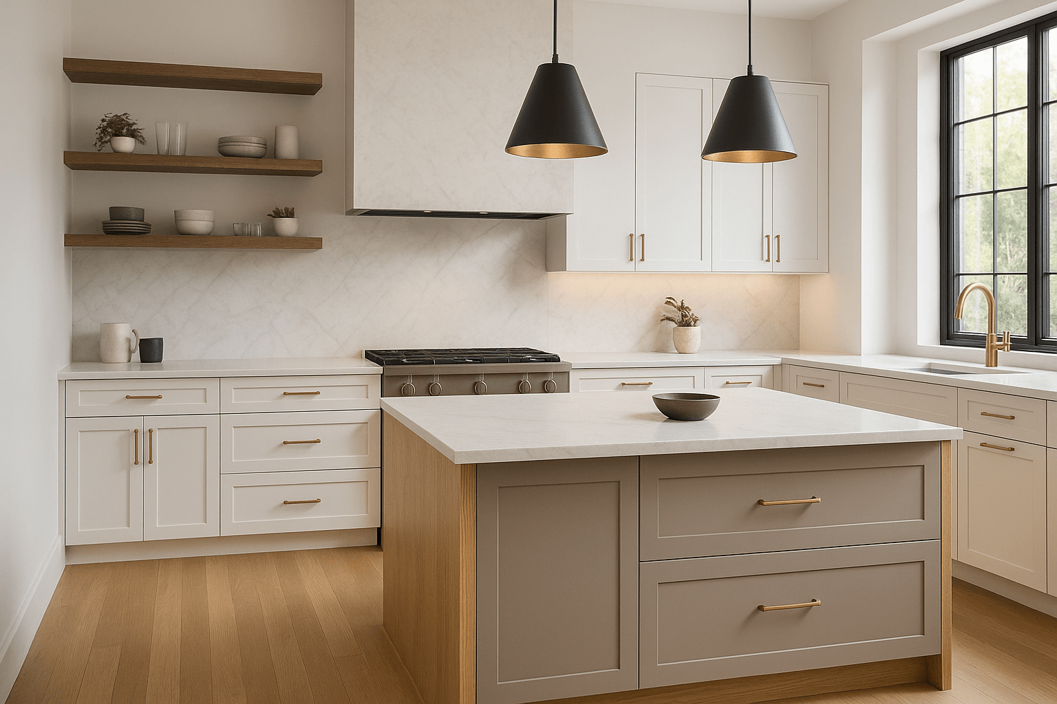 Photorealistic kitchen featuring soft white shaker perimeter cabinets with brass hardware, a natural white oak island with waterfall quartz countertop, honed marble backsplash, walnut open shelves, black and brass pendant lights, and light oak flooring.