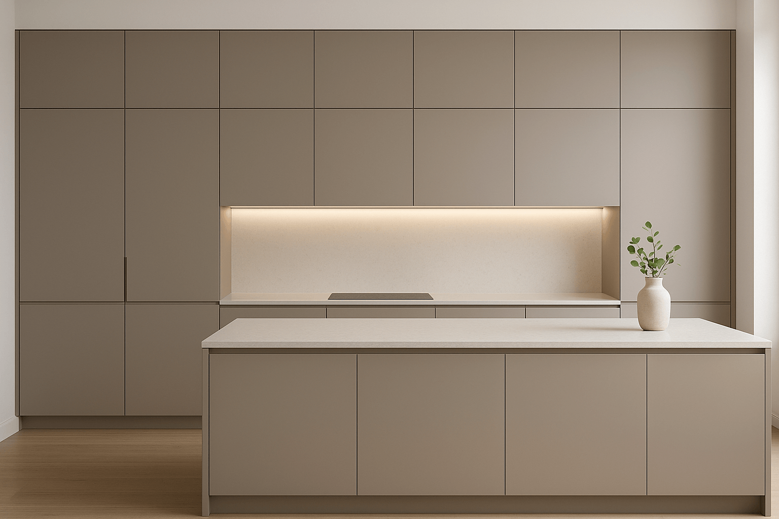 Photorealistic minimalist kitchen featuring perfectly aligned full-height matte taupe handleless cabinets concealing appliances, a matching island with light quartz countertop, under-cabinet LED lighting, and a ceramic vase with greenery
