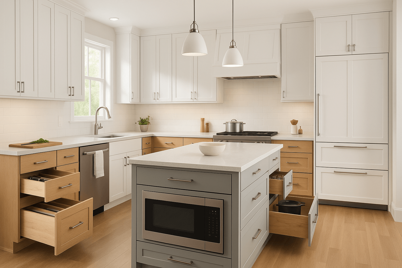 Photorealistic modern transitional kitchen with white upper shaker cabinets, light oak lower drawers, a soft gray island, and brushed nickel hardware, showcasing clear zones for prepping, cooking, and cleaning.