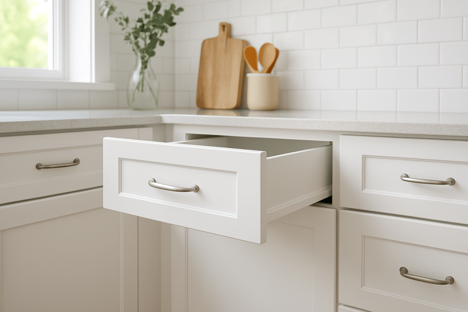 Photorealistic kitchen showing a matte white shaker-style drawer with brushed nickel handle in mid-close position, featuring quartz countertops, subway tile backsplash, and background accents of greenery, a cutting board, and utensil holder.