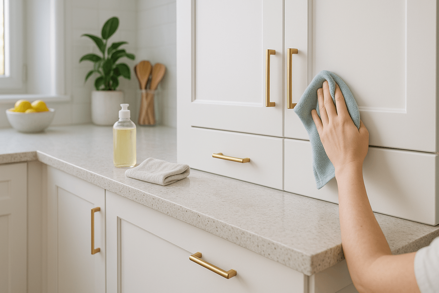 Photorealistic kitchen scene showing a hand gently wiping a satin white shaker cabinet with a microfiber cloth, surrounded by brushed brass hardware, a soap bottle, towel, bowl of lemons, and soft daylight for a fresh, clean look.