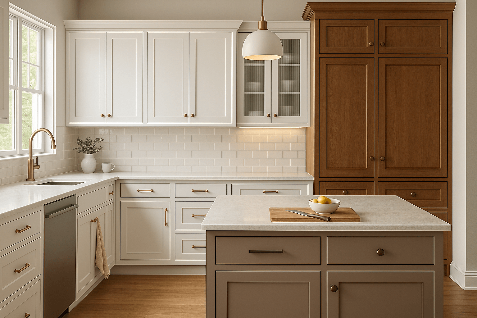 Photorealistic transitional kitchen with white shaker cabinets, taupe slab island, glass-front cabinet with fluted glass, and a tall walnut pantry with raised panel doors, all featuring coordinated hardware and soft layered lighting.
